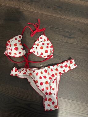 Strawberry-Print White & Red Kids One-Piece Swim Set